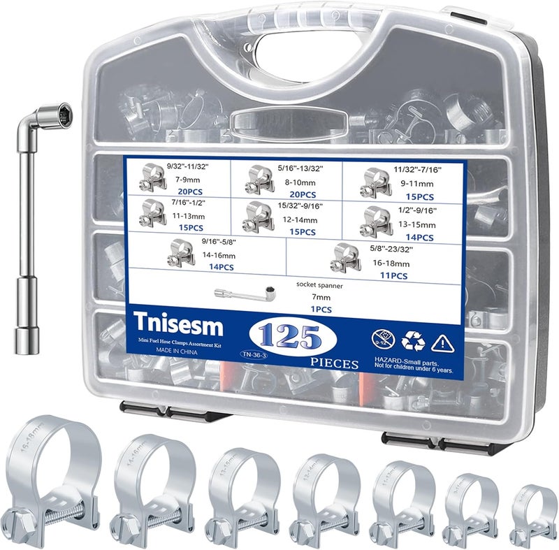 Tnisesm 125PCS Mini Fuel Injection Hose Clamps Adjustable 9/32"-23/32" Dia 7-18mm 304 Stainless Steel Fuel Line Clamps Assortment Kit, for Automotive Diesel Petrol Pipe with Socket Spanner - Image 1